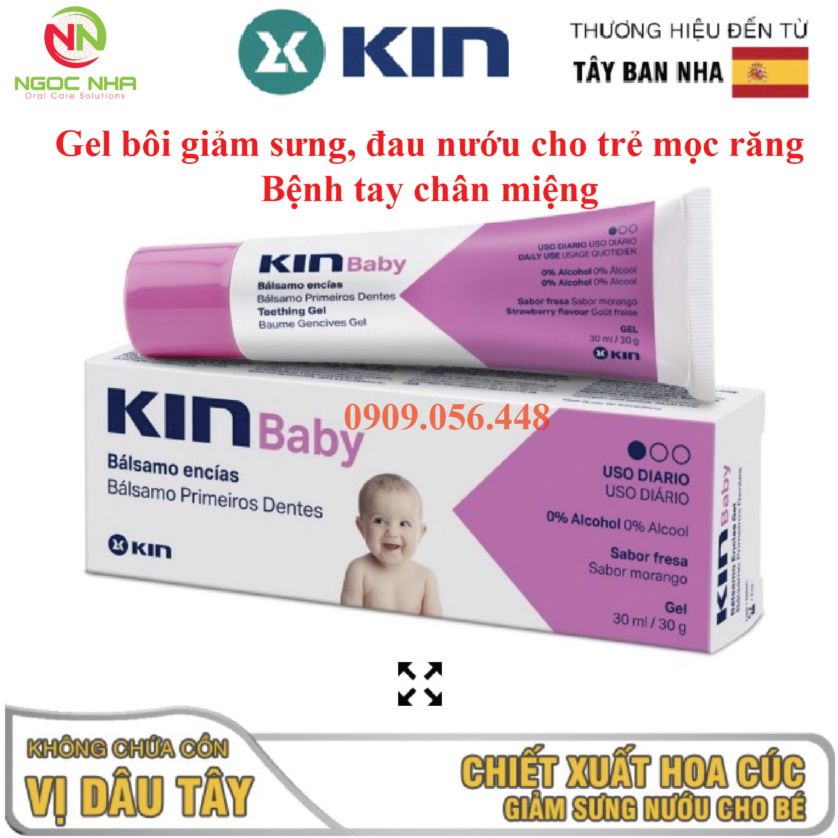 Gel bôi giảm sưng nướu và bệnh tay chân miệng trẻ em Baby Kin 30ml/ Tây Ban Nha