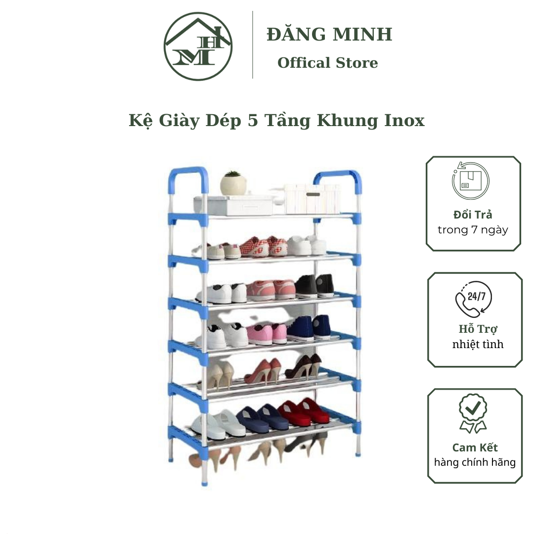 Kệ để giày dép 5 tầng khung inox, thanh kim loại to hơn, khỏe hơn, giá để giày inox 5 tầng, giày dép, kệ để đồ, kệ sách loại cao cấp