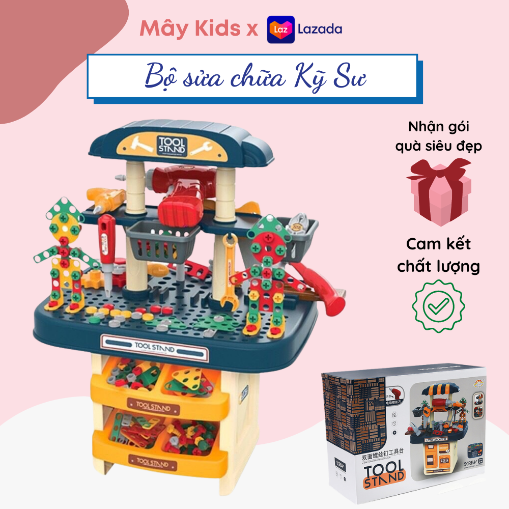 Đồ chơi lắp ráp ốc vít trẻ em, hộp dụng cụ sửa chữa kĩ sư di động gồm máy khoan điện, búa, cưa, tô vít cho bé - Mây Kids