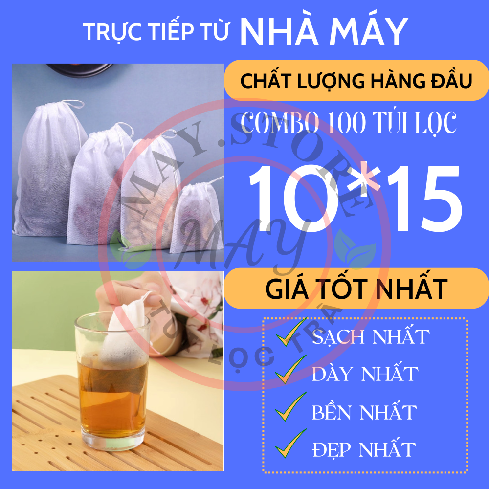 100 Túi lọc trà, cà phê, thảo dược có dây rút 10X15 cm bằng vải không dệt an toàn cho sức khỏe TL15