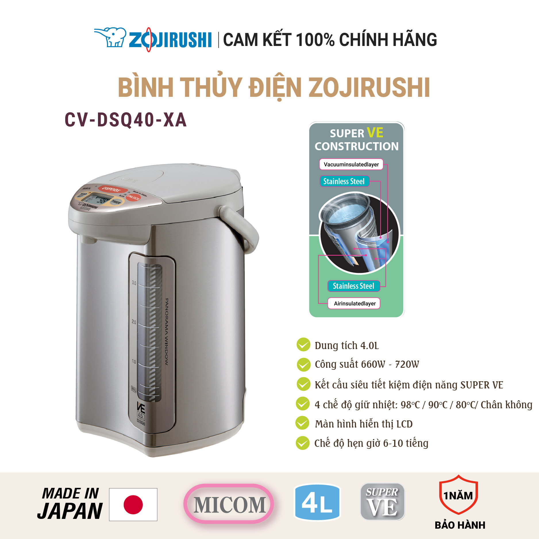 Bình thủy điện zojirushi 720w cv-dsq40-xa dung tích 4l, sản xuất tại nhật bản, bảo hành 1 năm chính hãng