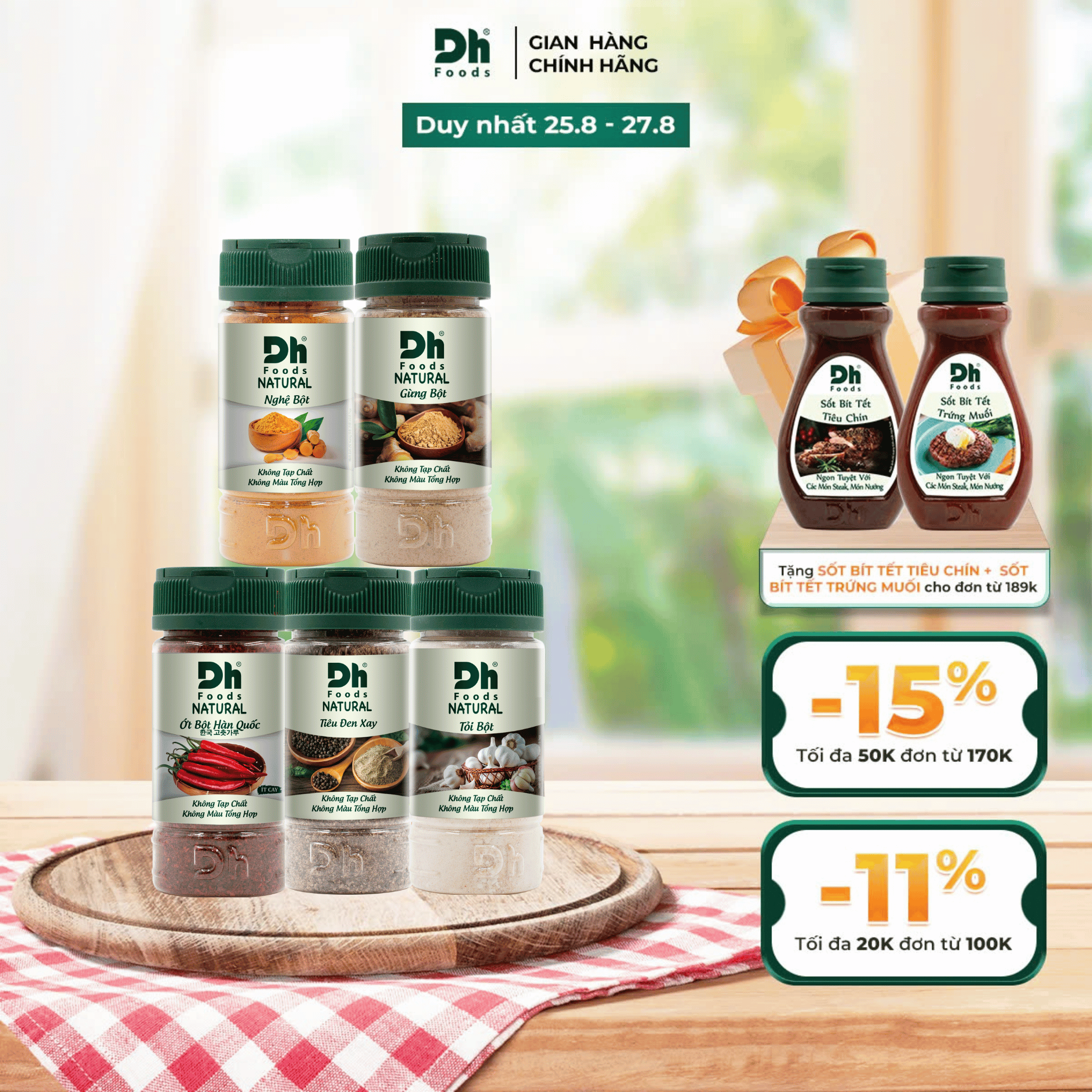 Hộp gia vị tự nhiên dh foods - set 5 loại nguyên liệu chế biến thực phẩm - natural ớt bột hàn quốc, tiêu đen xay, tỏi bột, nghệ bột, gừng bột