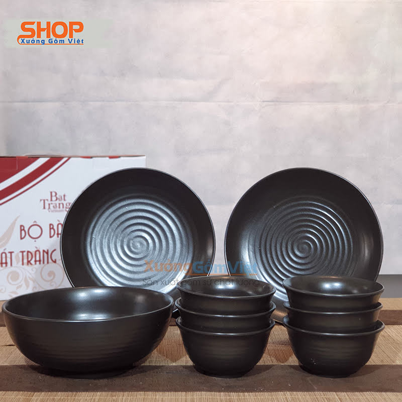 [sale sốc] BỘ 9 CHI TIẾT BÁT ĐĨA MÀU ĐEN CHẤT MEN MÁT HÀNG GỐM CAO CẤP BÁT TRÀNG - XƯỞNG GỐM VIỆT