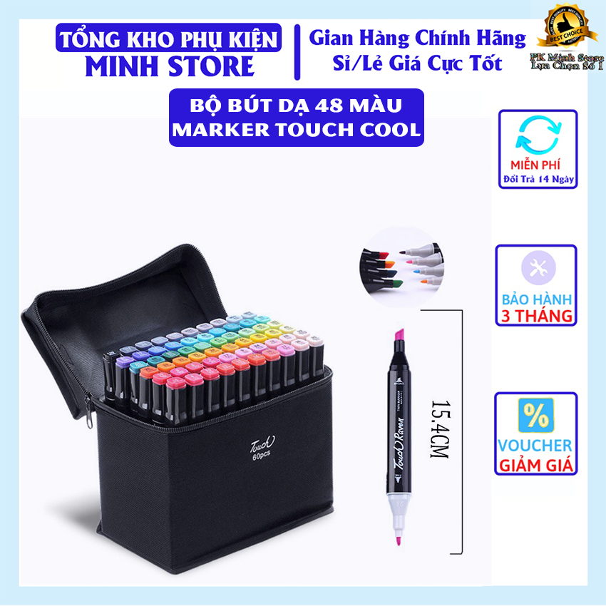 Bộ bút dạ 2 đầu 48 cây cao cấp kèm túi đựng Marker Touch Cool/ Set bút màu cho bé đủ 48 gam màu, cho bé thỏa sức sáng tạo, dân văn phòng, họa sĩ ...