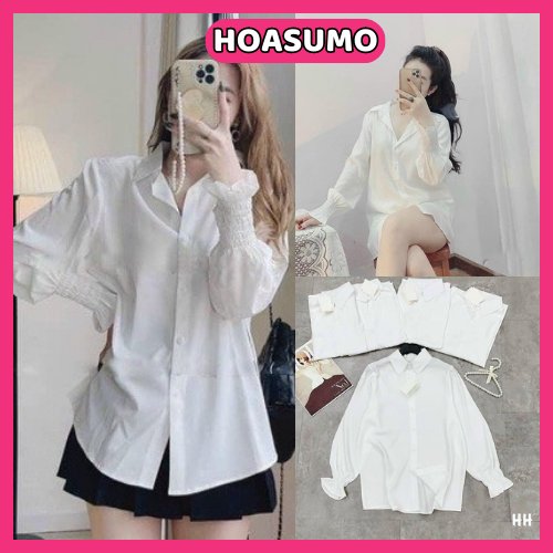 Áo sơ mi nữ trắng A550 đi học tay dài bo nhúm, cổ bẻ basic - sơ mi trắng học sinh chất nhuyễn đẹp