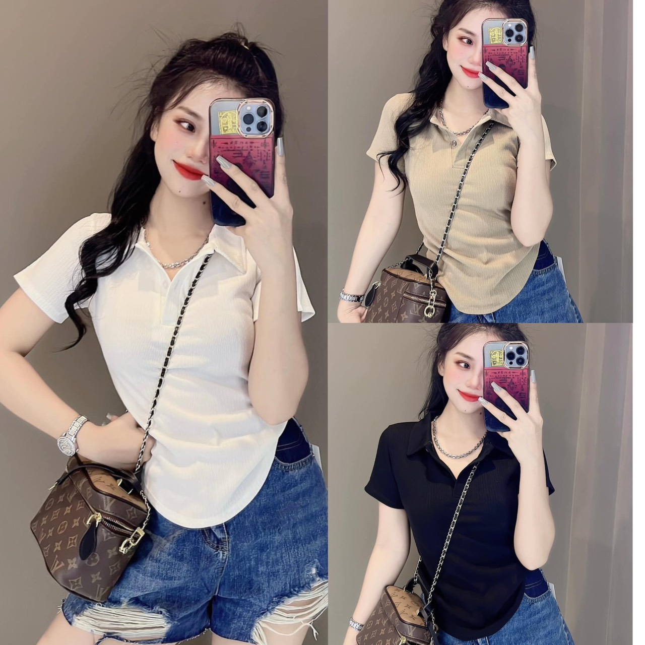 Áo thun Polo nữ có cổ body Gân Xốp Quảng Châu dáng ôm vạt bầu