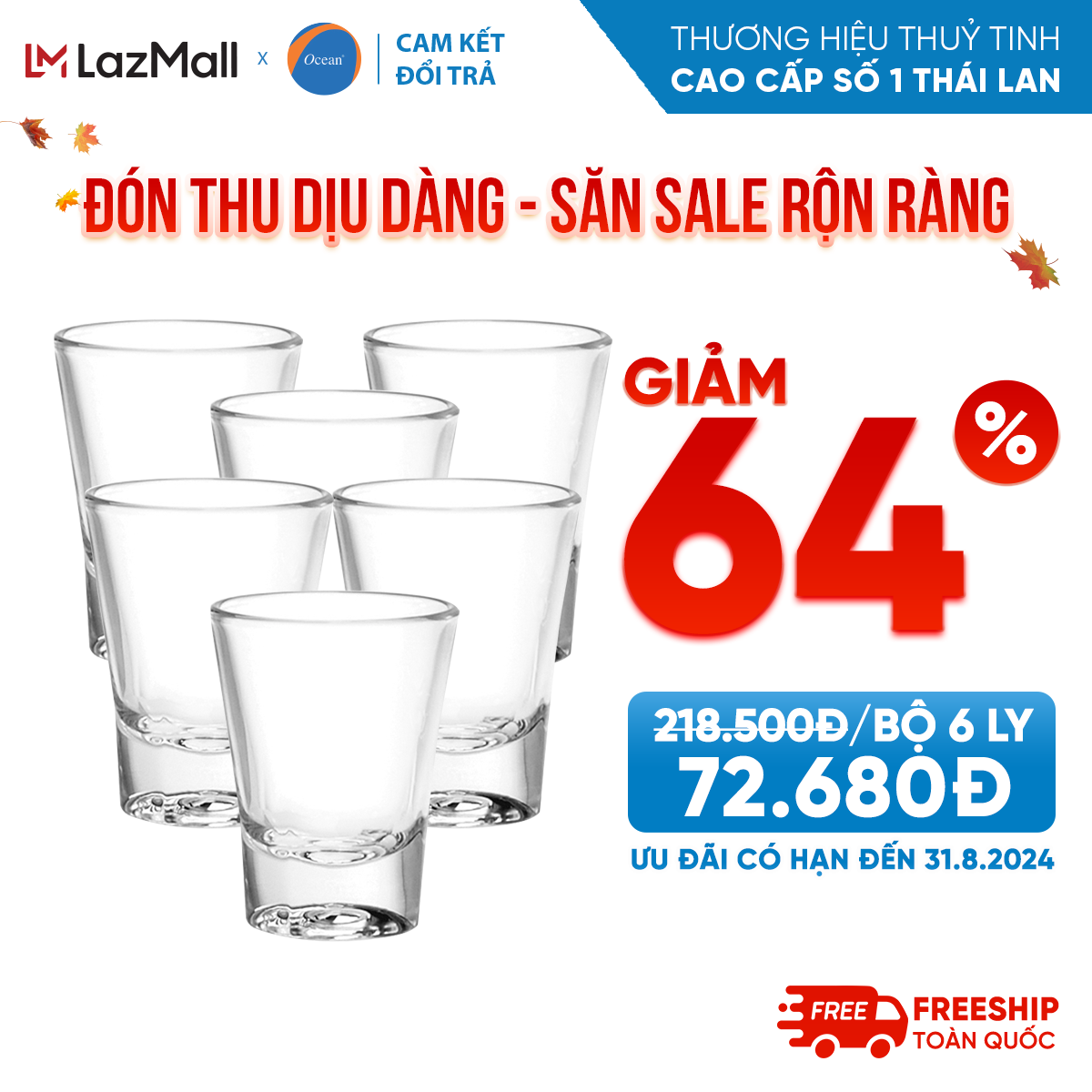 Bộ 6 ly/cốc rượu thủy tinh - ocean solo shot 60ml - chính hãng