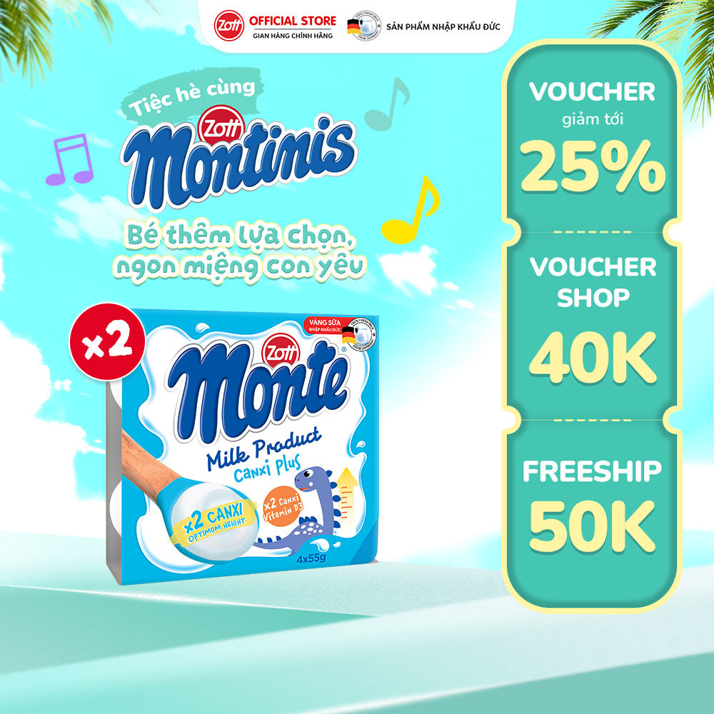 Giao Hoả tốc - COMBO 2 vỉ Váng sữa Zott Monte Canxi Plus nhập khẩu từ ĐỨC (vỉ - 55g x 4 hũ)