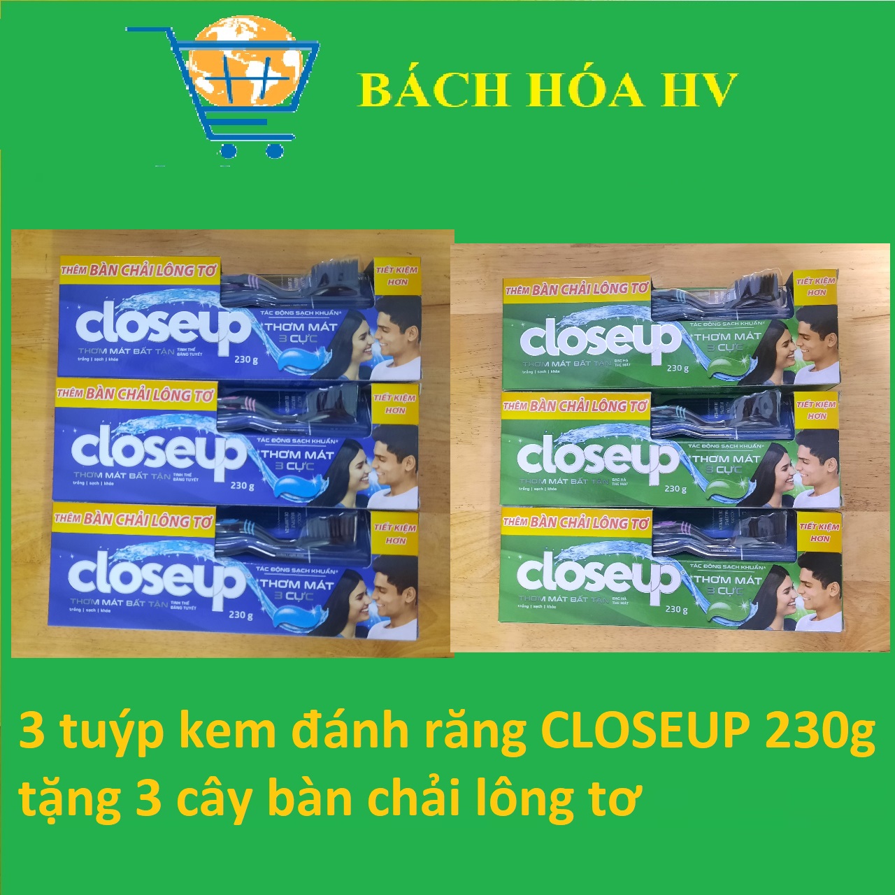 Combo 3 tuýp KĐR CLOSEUP 230g tặng 3 cây bàn chải đánh răng lông tơ - BACH HOA HV