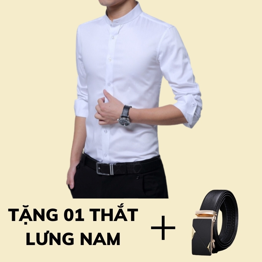 [HCM]Combo áo sơ mi nam cổ trụ tay dài tặng kèm dây thắt lưng siêu hot NHMK chất vải mềm