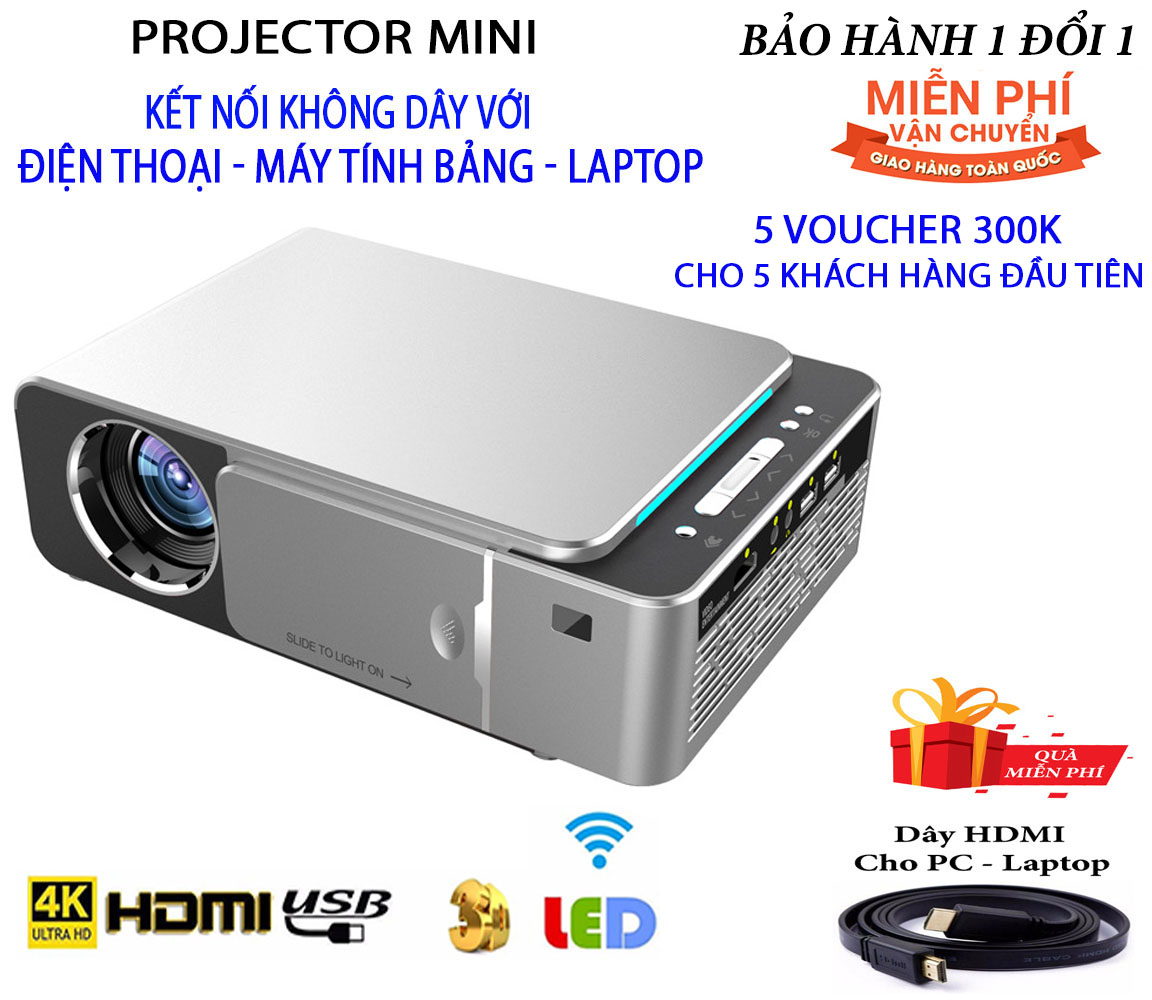 Máy chiếu KẾT NỐI KHÔNG DÂY T6 đồng bộ cho điện thoại, máy tính bảng, Laptop. Đèn LED Máy Chiếu Cho Video 1080P. Thích hợp cho việc chơi game, xem phim, giải trí có thể thay thế tivi và có tặng kèm dây HDMI dài 1,5m + dây Audio dài 1,5m