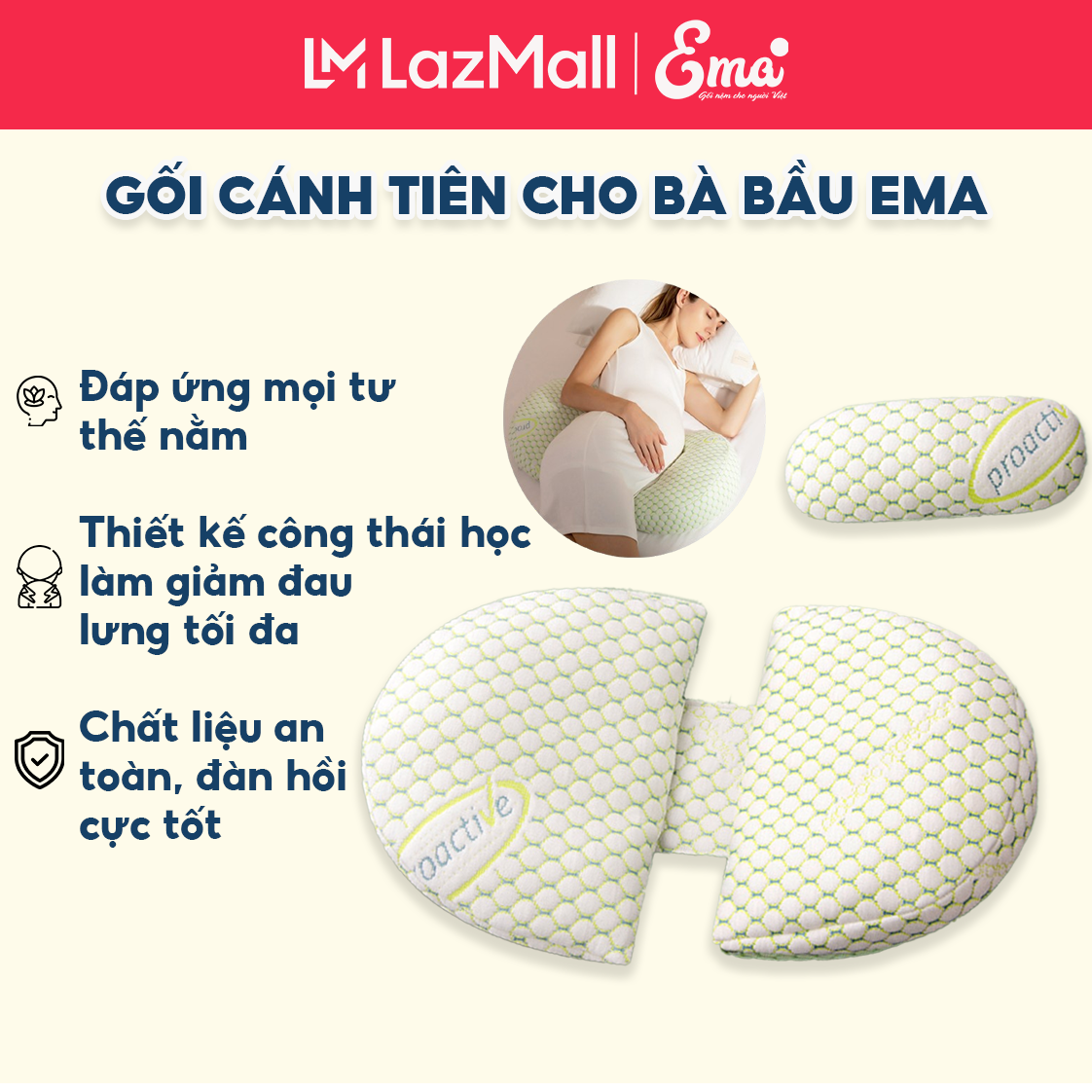 Gối bầu cánh tiên Ema chất liệu bông PP cao cấp giúp kê bụng bà bầu giảm đau lưng căng cơ và tê bì tay chân