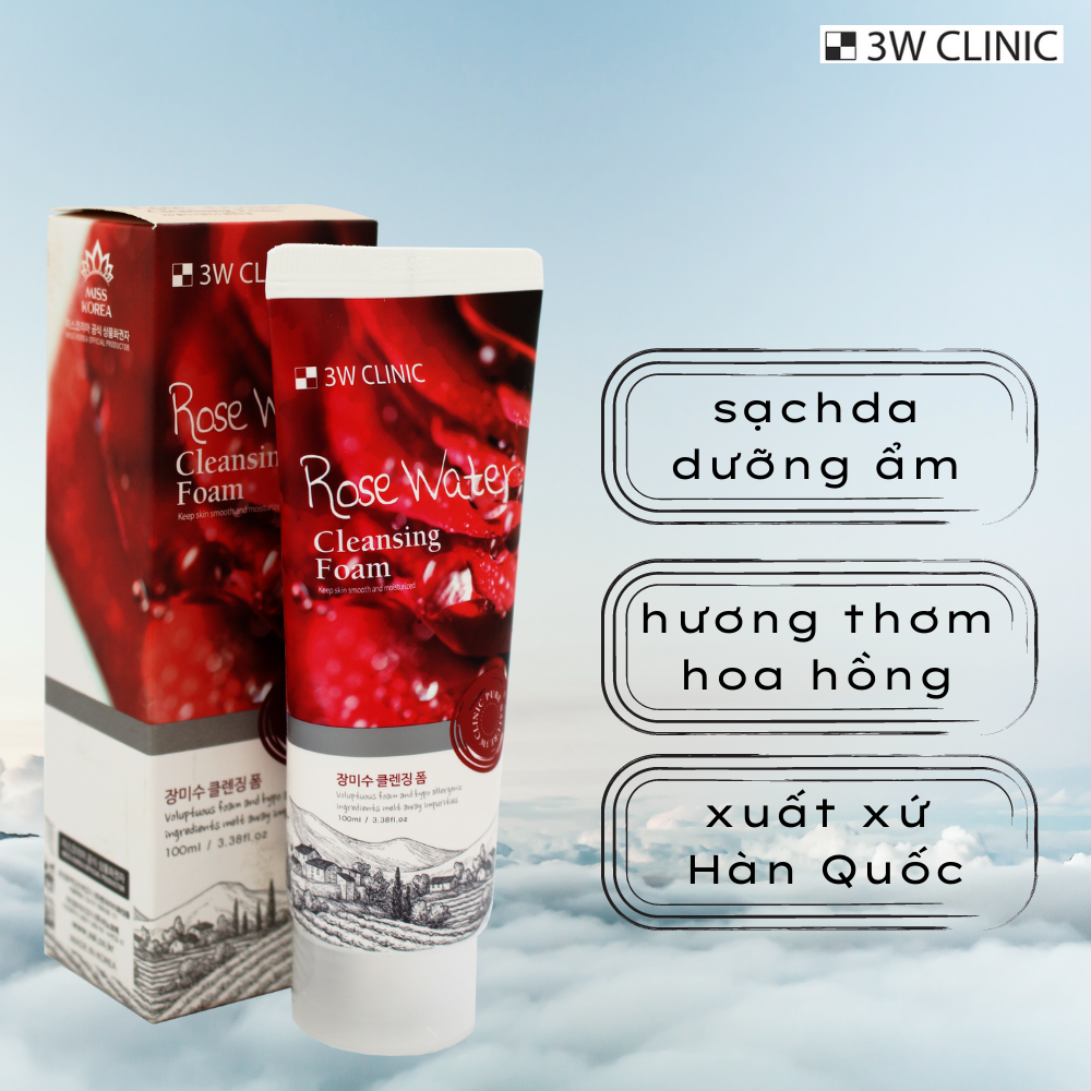 Sữa Rửa Mặt Chiết Xuất Hoa Hồng Dưỡng Ẩm Sâu 3W Clinic Rose Water Cleansing Foam 100ml