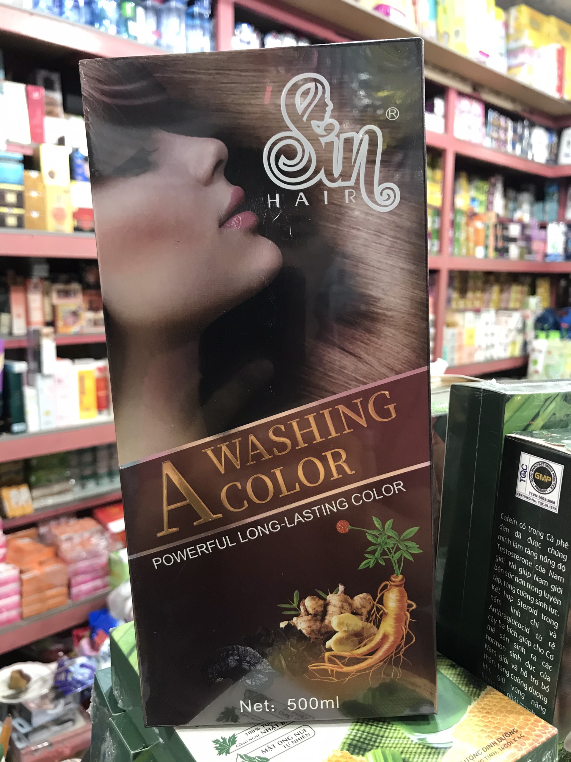 Dầu gội nhân sâm phủ bạc màu nâu Sin Hair A Washing Color 500ml - 8938538233046