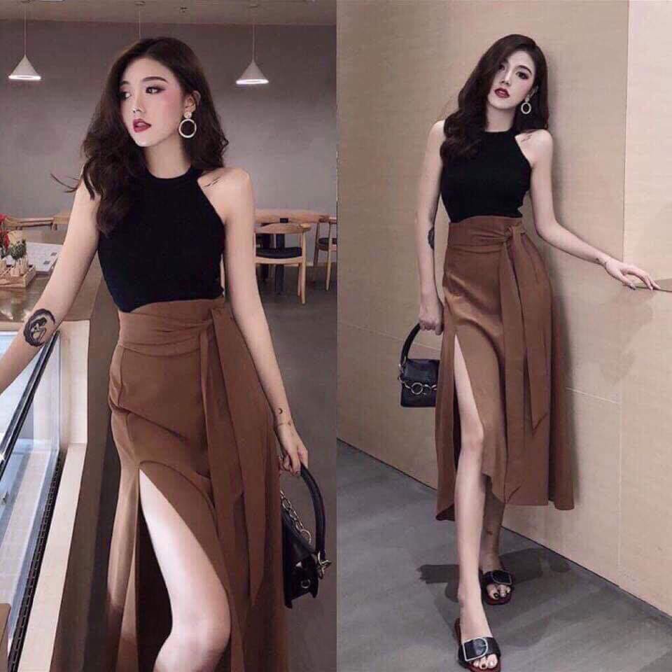 Sét Đồ Bộ Áo Cổ Yếm Và Chân Váy Thắt Vạt Dài Thiết Kế Sang Chảnh Đi Làm Công Sở, Đi Chơi Du Lịch Cực Xinh Đẹp Beta Fashion, Free Size (40-55) Ký Mặc Vừa Nha