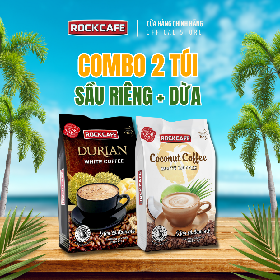 Combo 2 túi - ROCK CAFE - Cafe hòa tan vị Sầu riêng + Cà phê vị Dừa - Túi 30 gói x 20 gr - Hương vị độc đáo - Thơm ngon - Đậm đà