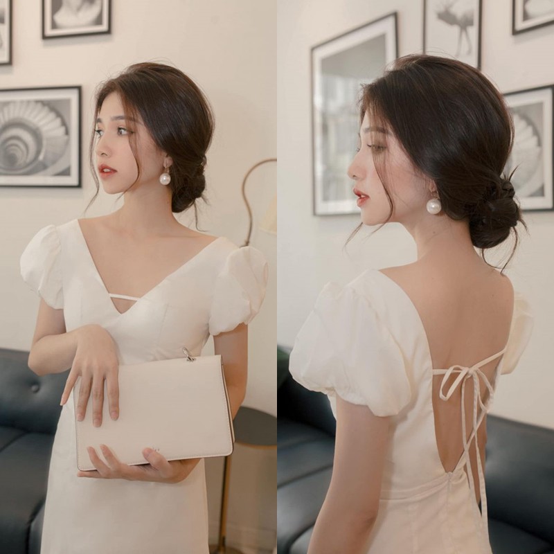 Đầm Maxi Tay Con Phồng Hở Lưng thắt Dây Sang Trọng