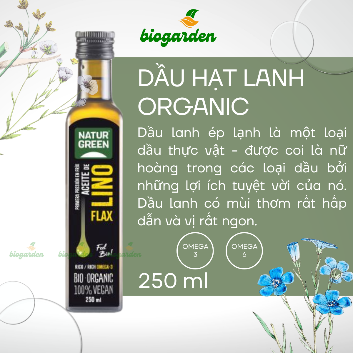 Dầu hạt lanh Flax Lino hữu cơ 250ml Natur Green - Dầu thực vật - Ăn Kiêng - Ăn thực dưỡng - BioGarden