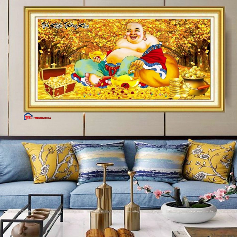 Tranh đính đá LV480 (1m x 52cm), tranh thêu chữ thập phật di lạc LV3471 (84cm x 44cm)