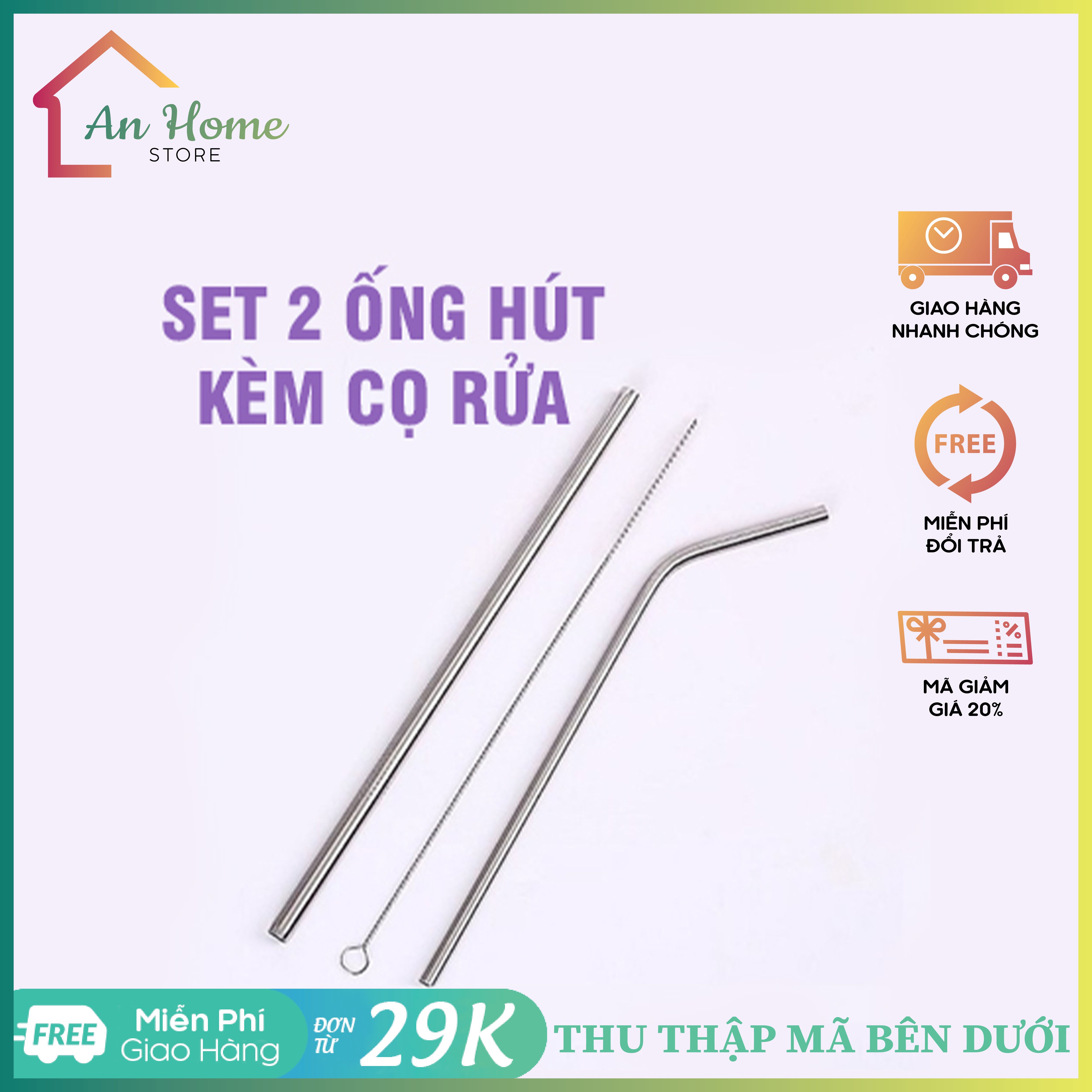 Bộ 2 ống hút inox 304 kèm cọ rửa - bộ ống hút inox kèm cọ rửa tiện lợi giá rẻ