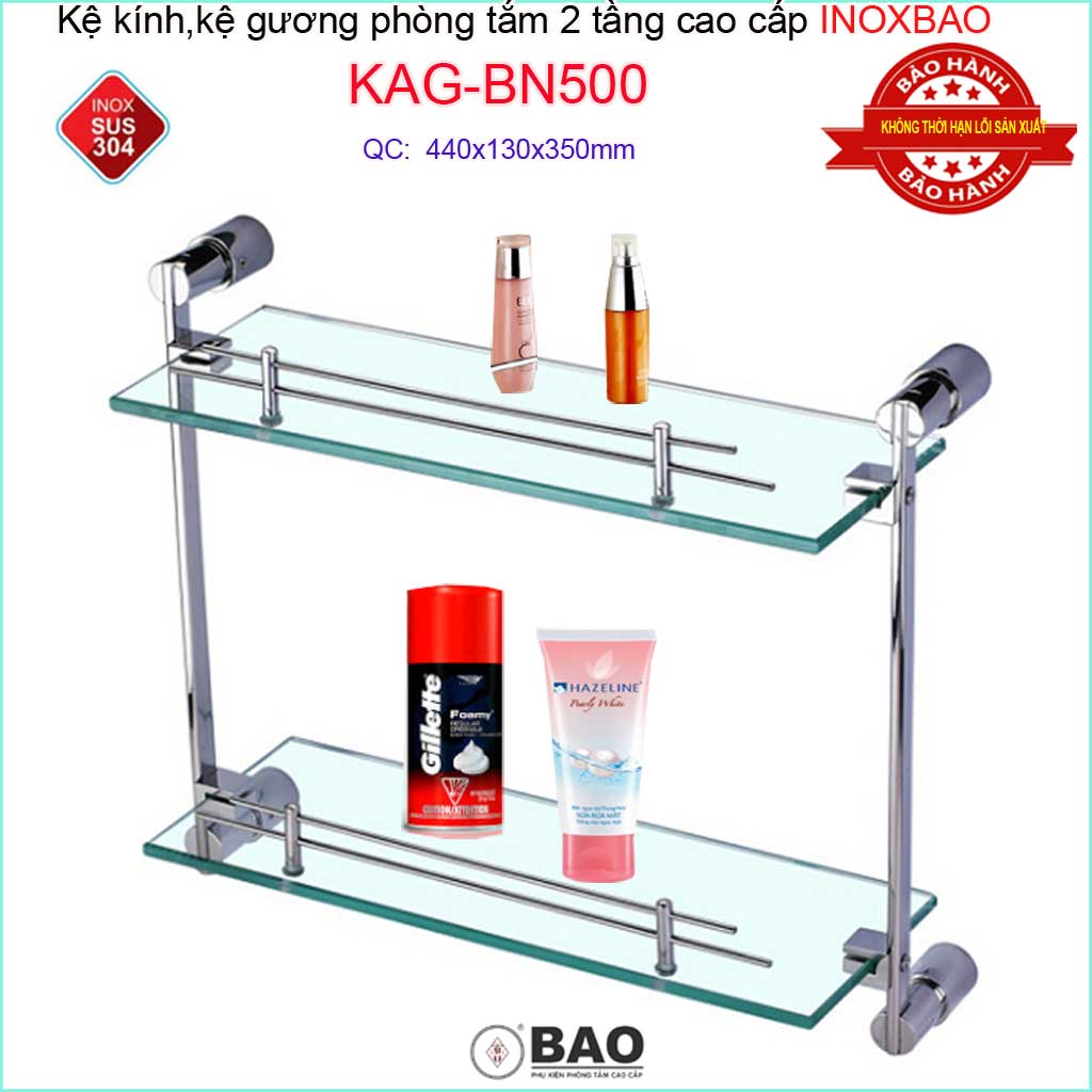 Kệ kính phòng tắm 2 tầng inox bảo kag-bn500, kệ kiếng cường lực đế tròn sus304 đúc đặc thiết kế đẹp siêu bền 44cm x 35cm