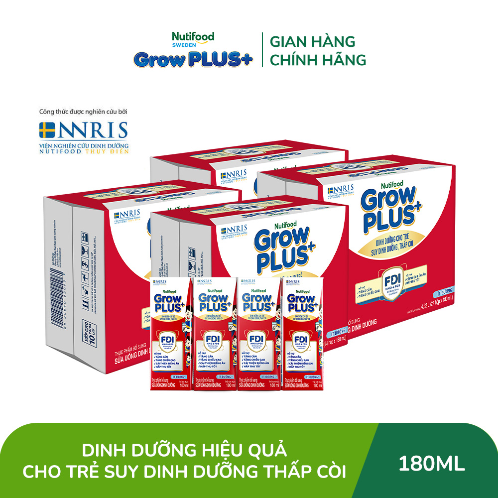 Combo 2 Thùng 48 hộp Sữa Nước Pha Sẵn Nutifood GrowPLUS+ Suy Dinh Dưỡng (Đỏ) Ít đường 180ml - Hỗ Trợ Tăng Cân, Tăng Chiều Cao - Trên 1 tuổi (Bao bì tùy đợt nhập hàng)