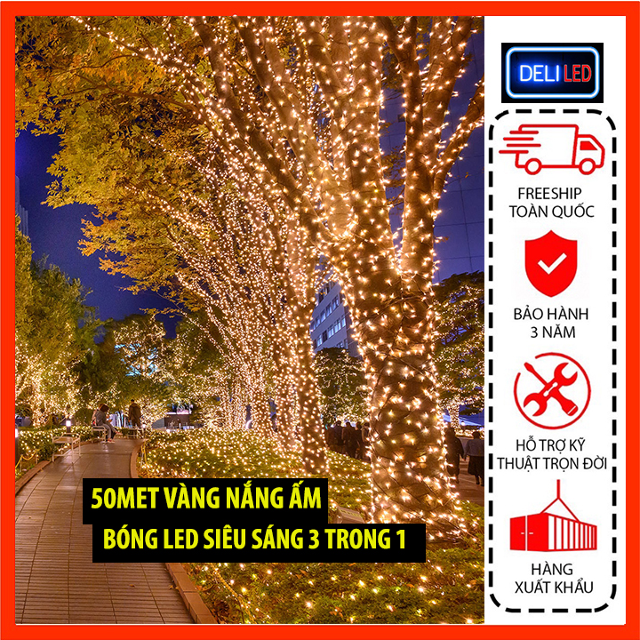 Dây Đèn Led Trang Trí 50M Vàng, Đèn Led Kim Cương Cuốn Dây Cao Cấp Anh Sáng Vàng Cực Đẹp, Dây đèn nháy trang trí chống nước treo ngoài trời cao cấp bóng led kim cương