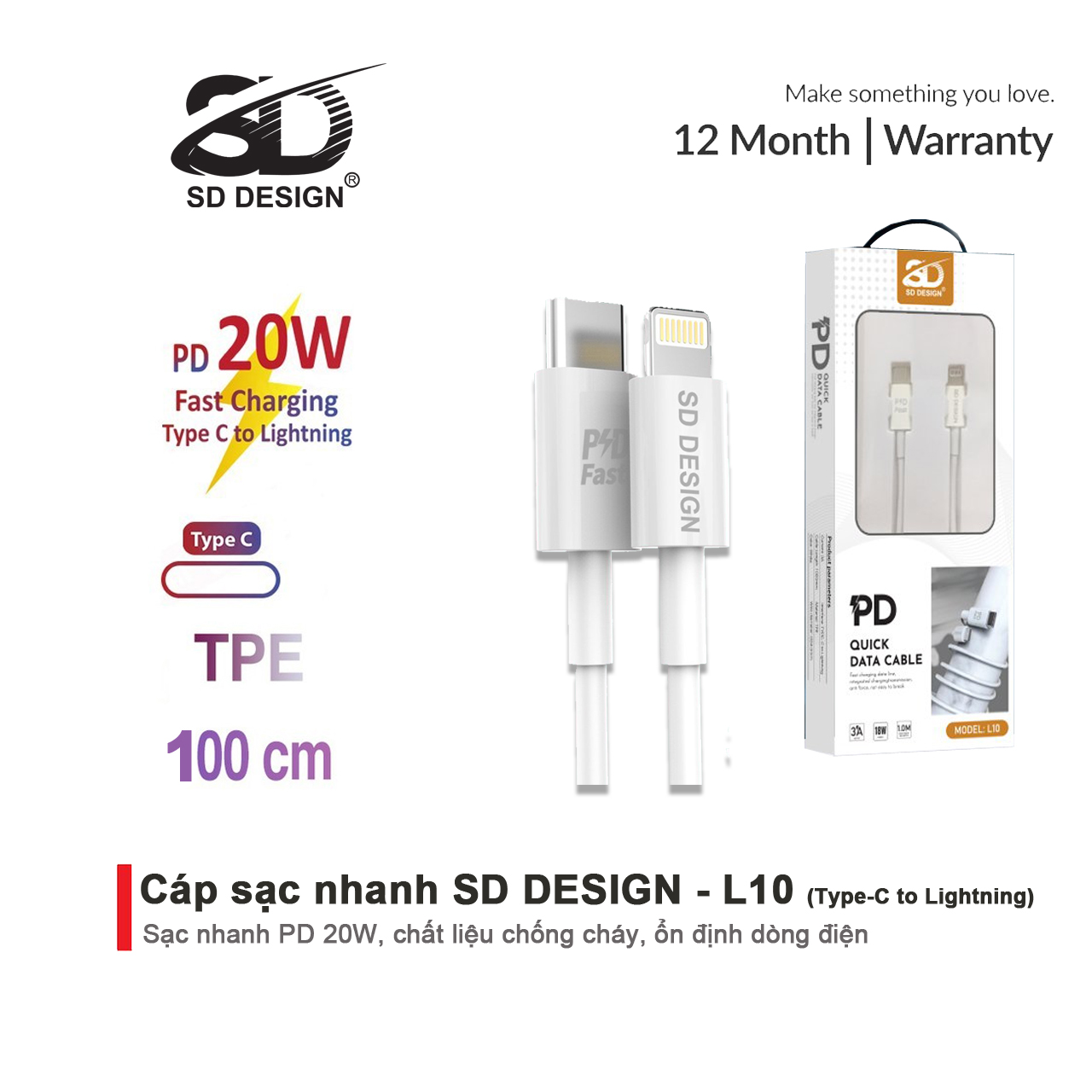 Cáp sạc nhanh 20w chính hãng SD Design L10, USB C Sang Lighting sạc ổn định cho điện thoại ip 6 đến 13 pro max
