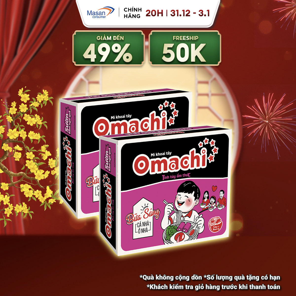  Combo 2 thùng Mì Omachi Sườn Hầm Ngũ Quả Gói 80g - Thùng 30 Gói x 80g 