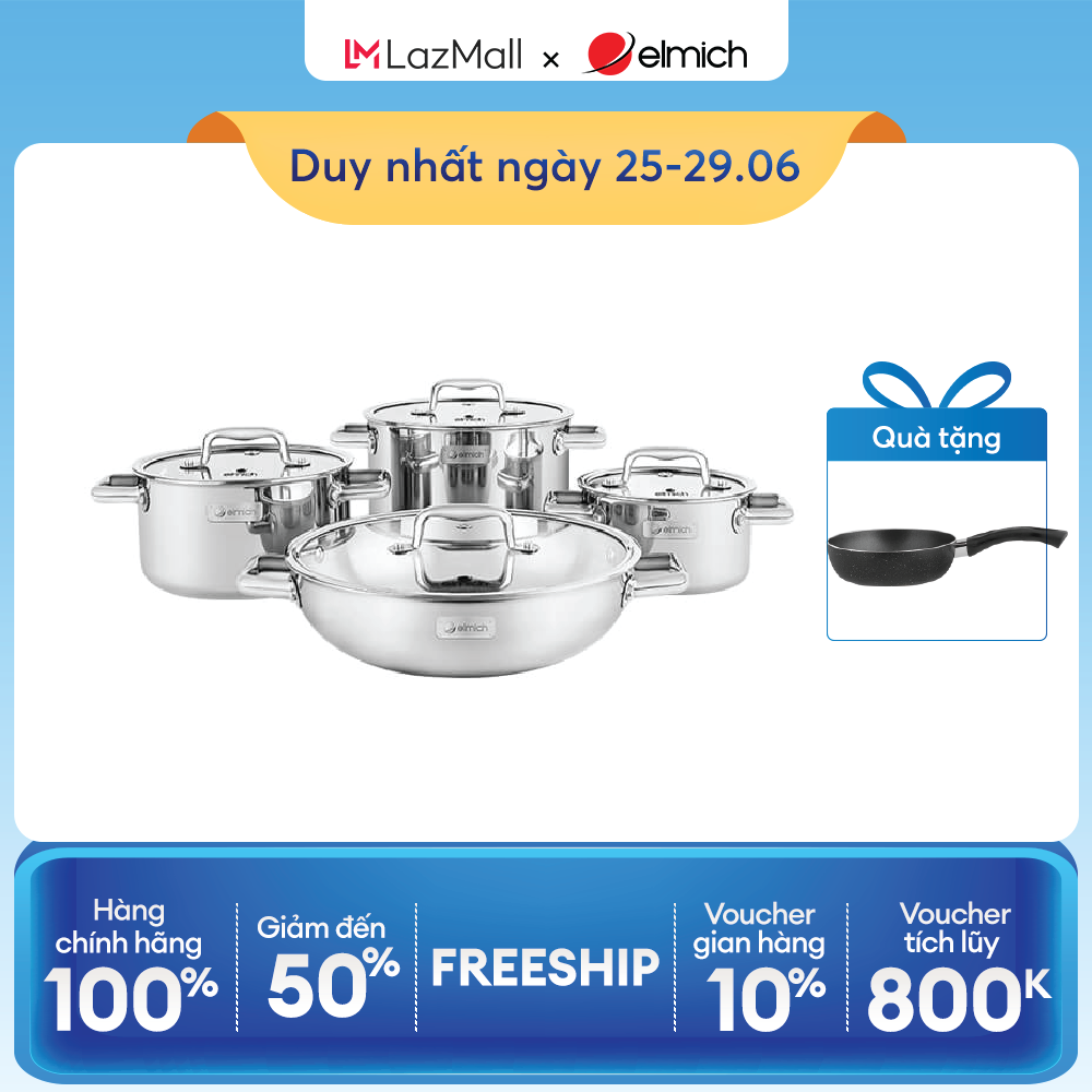 (Duy nhất từ ngày 25.06-29.06)Bộ nồi inox liền khối Elmich Trimax ECO EL-8002 size 16, 20, 22, lẩu xào 28cm
