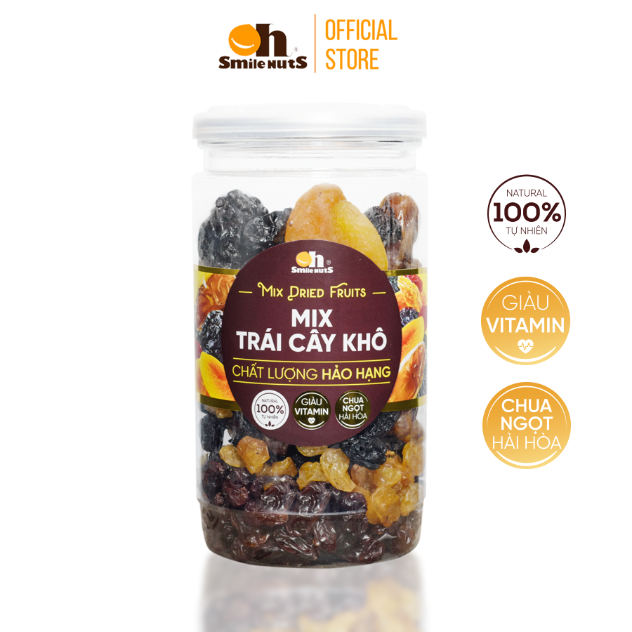 Mix trái cây khô nhập khẩu smilnuts hộp 275g/500g _ gồm chà là tunisia, nho khô đỏ chile, mận khô chile, mơ vàng thổ nhĩ kỳ, nho khô vàng và nho đen chile _chua-ngọt, mềm - dẻo