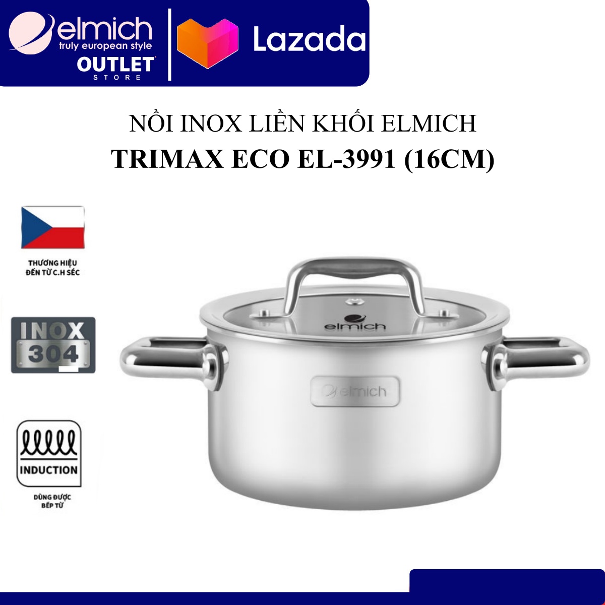 Nồi INOX liền khối Elmich Trimax ECO (Size 16, 18, 20, 22, 24, 26, 28cm)