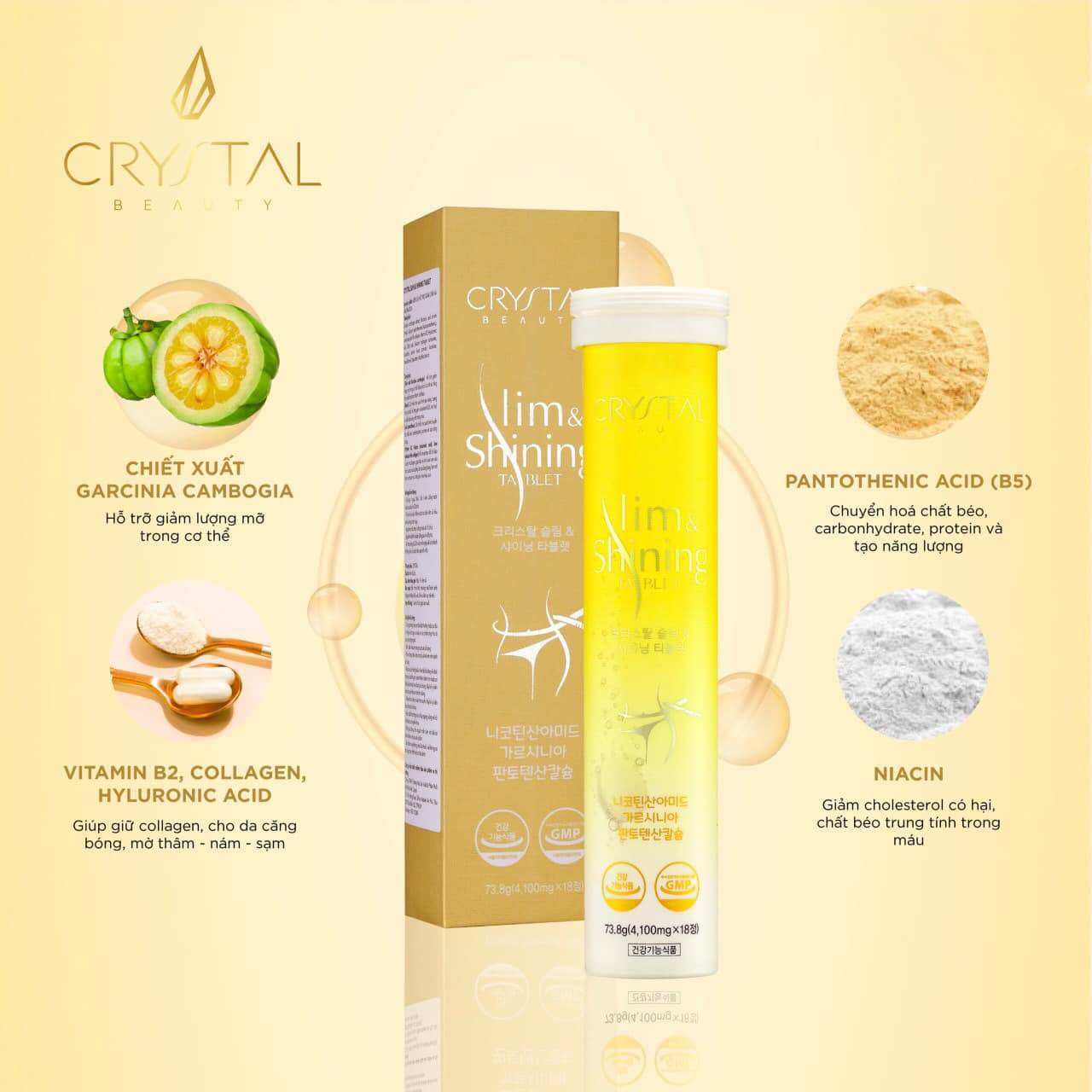 Viên sủi Crystal Slim Hàn Quốc giúp hỗ trợ giảm cân trắng da chính hãng