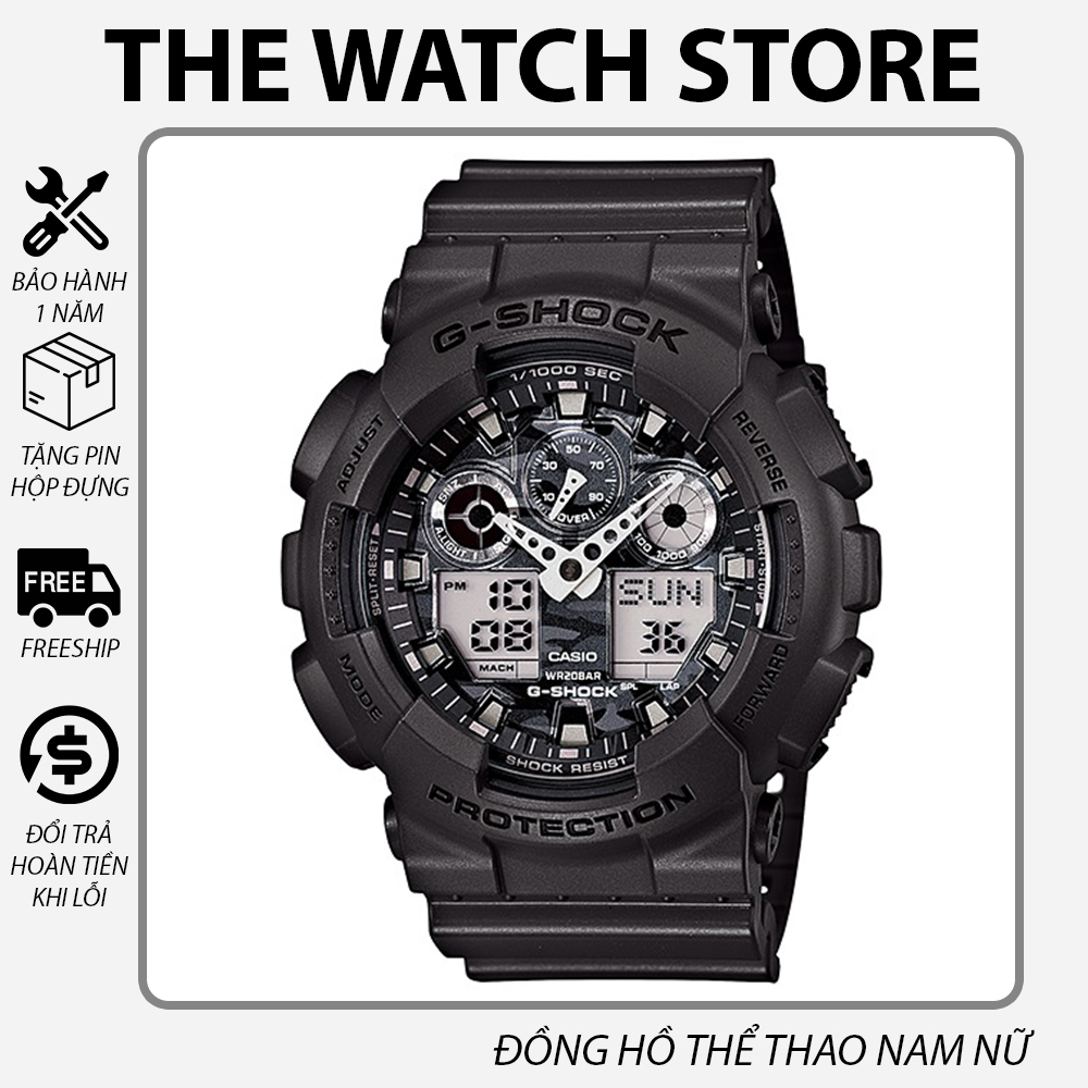 Đồng hồ Casio G-Shock GA-100 Đen Xám - Dây trơn, mặt họa tiết camouflage nổi bật - Chống Nước 200M -Bảo Hành 12 tháng