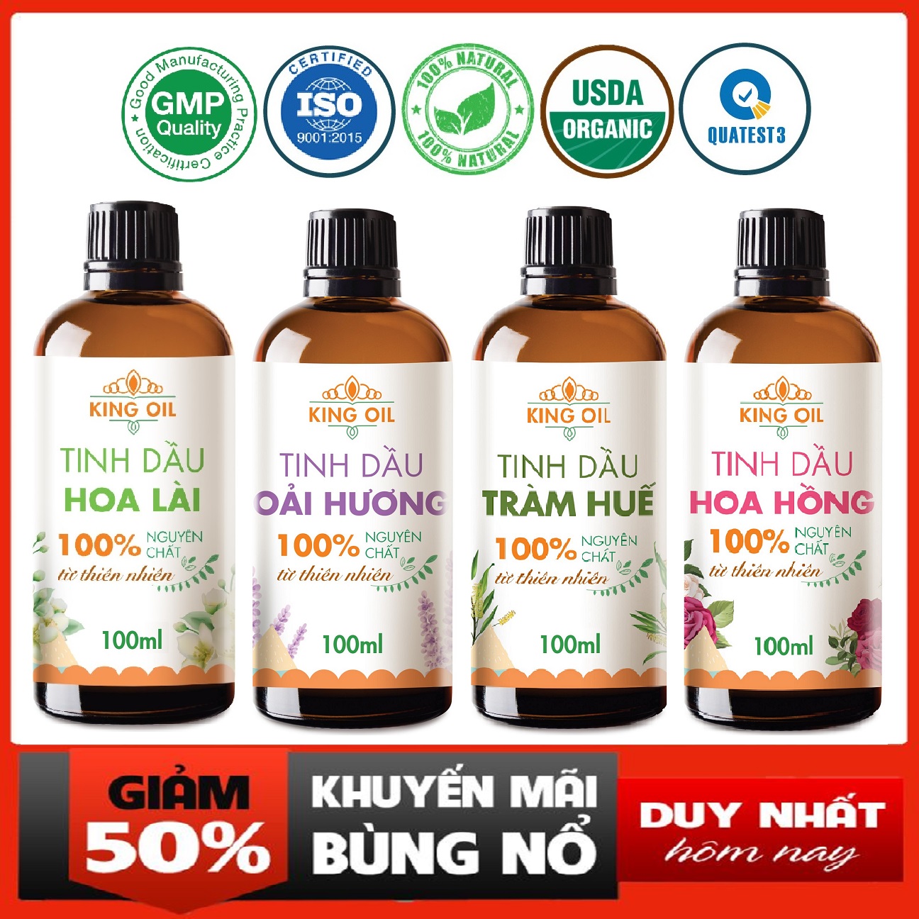 Tinh dầu thiên nhiên 100ml Sả Chanh/ Bạc Hà/ Quế/ Oải hương/ Bưởi/ Cam/ hoa Lài/ Quýt/ tràm huế/ Gừng/ hoa Hồng/ Hương nhu/ Tràm trà/ cà phê/ chanh