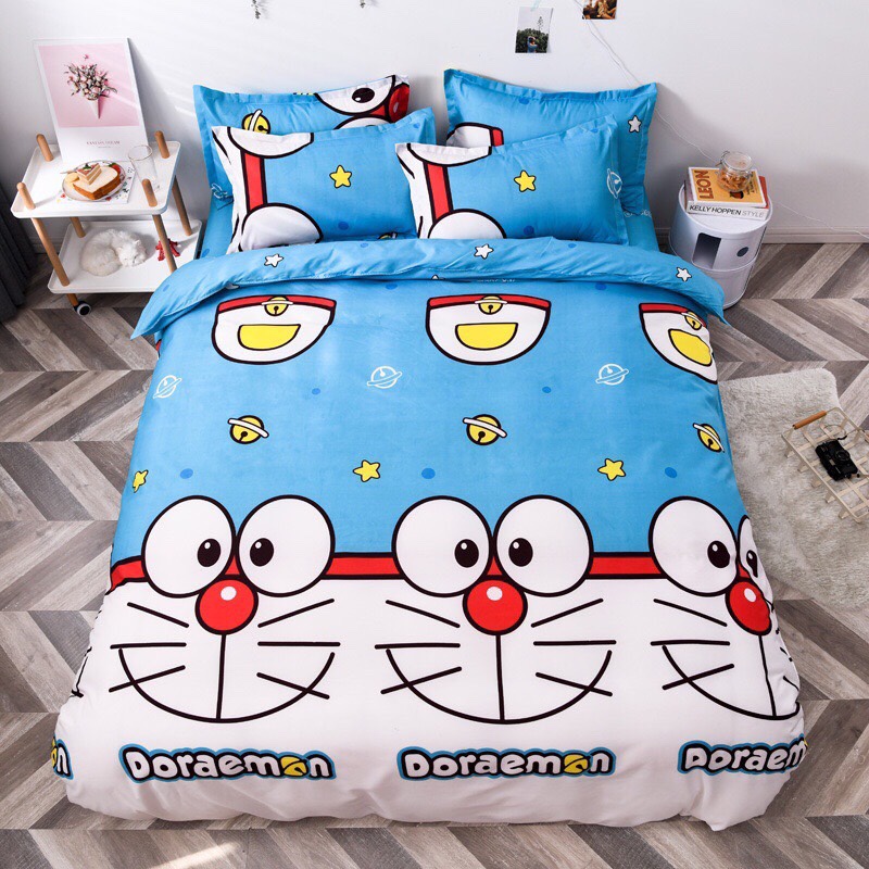 Bộ chăn ga gối cotton pl1 mon huy hiệu , vải cotton mềm mại, set 4 món bao gồm vỏ chăn ga gối