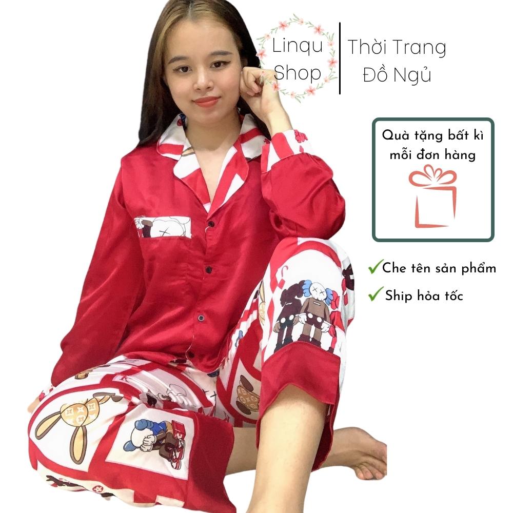 Đồ bộ nữ pijama dài tay in hình lá bài, bộ pijama lụa satin mềm đẹp mặc tết siêu hot freesize 40-55kg - linqustore