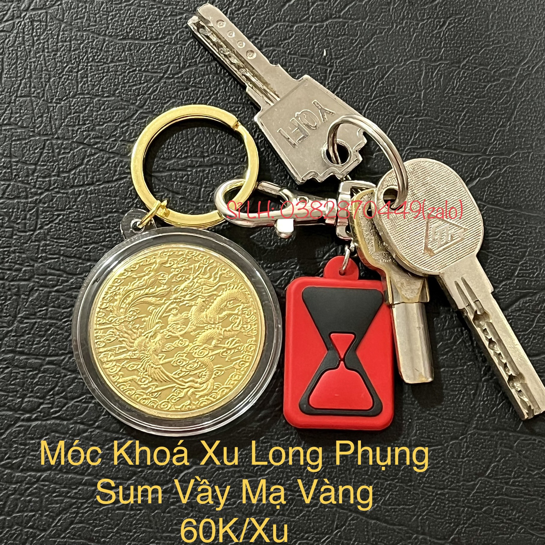 Đồng xu long phụng sum vầy mạ vàng tặng móc khóa và túi gấm