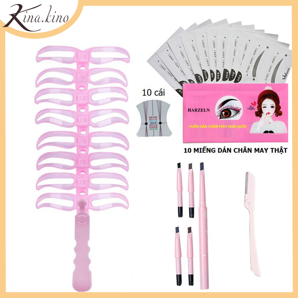 Combo 4 món vẽ chân mày cao cấp -gồm bộ chì 5 màu - khuôn vẽ chân mày- dao cạo -set 24 khuôn vẽ chân mày bằng giấy - 8 khuôn vẽ chân mày bằng nhựa - Kinakino