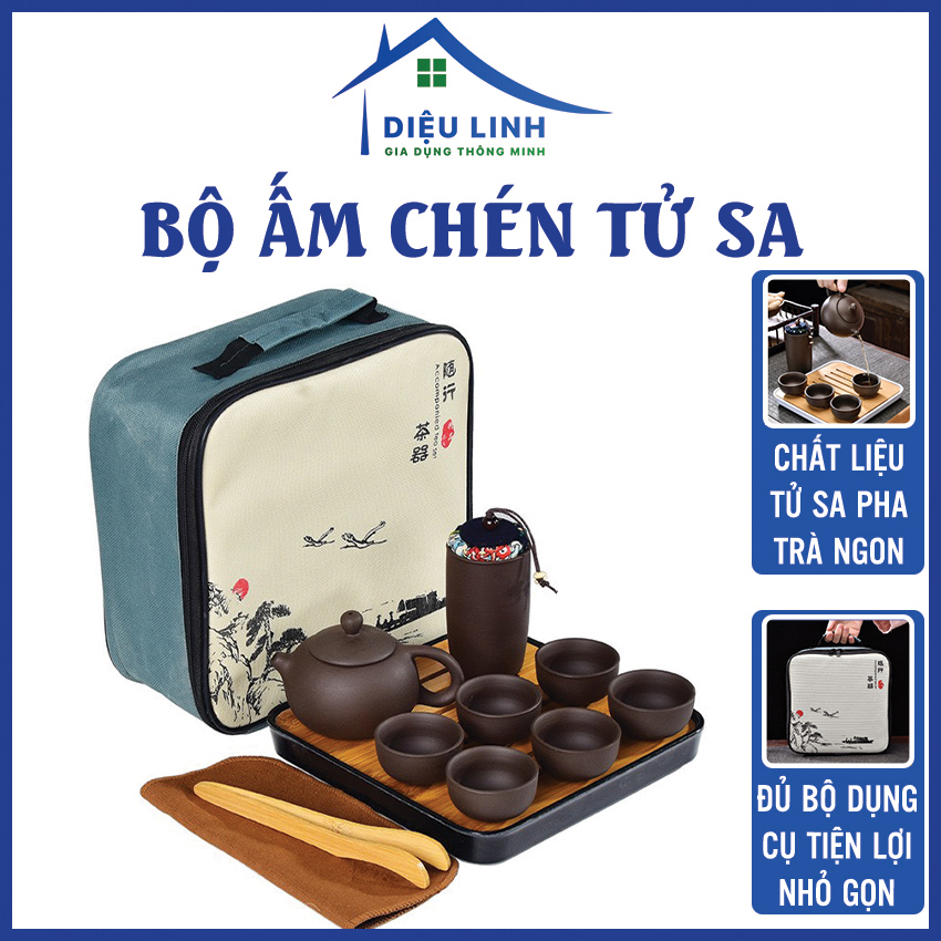 Bộ ấm pha trà gốm sứ bộ ấm chén uống trà tử sa 6 chén, 10 món, bộ ấm chén trà đạo bằng gốm, tráng men kèm túi đựng xách tay dùng làm quà tặng dieulinhshop