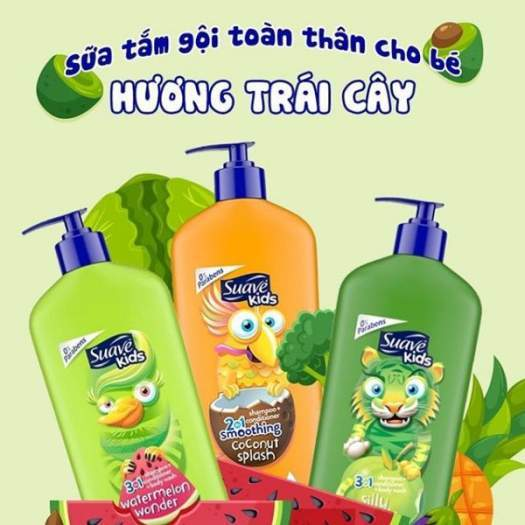 Sữa tắm gội xả 3in1 Suave Kids 532ml - Hương Táo, Dừa, Dưa Hấu