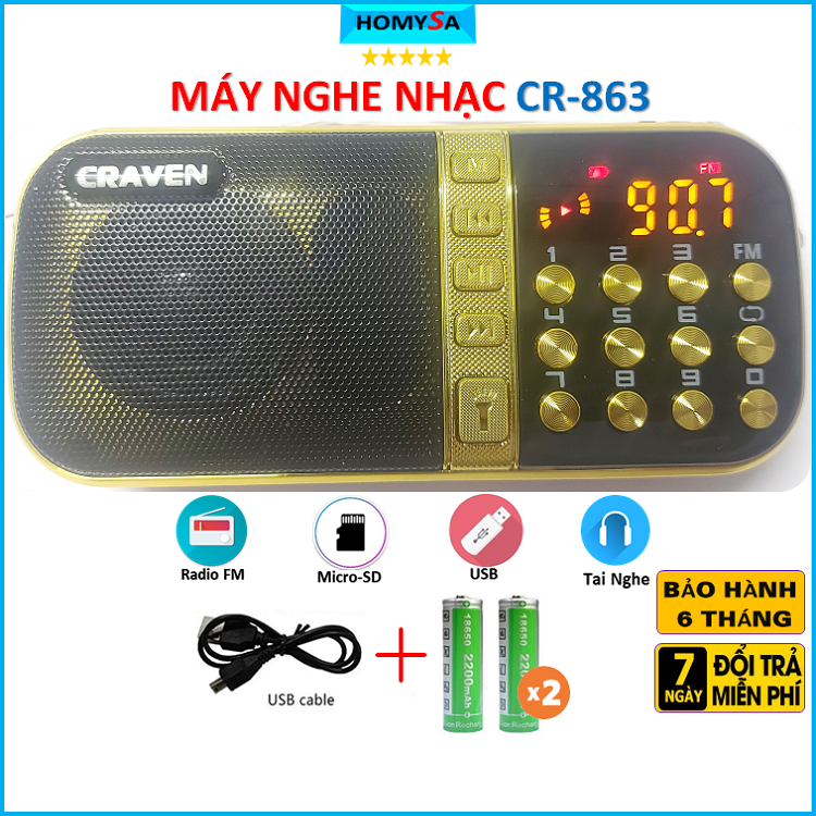 Máy nghe nhạc craven cr863 đa năng mini nghe kinh pháp đọc thẻ nhớ mp3 nghe đài fm – 2 pin sạc – 1 khe thẻ nhớ - 3w