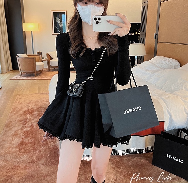 Đầm tiểu thư pinkstore29, dáng xòe tay dài phối ren d102