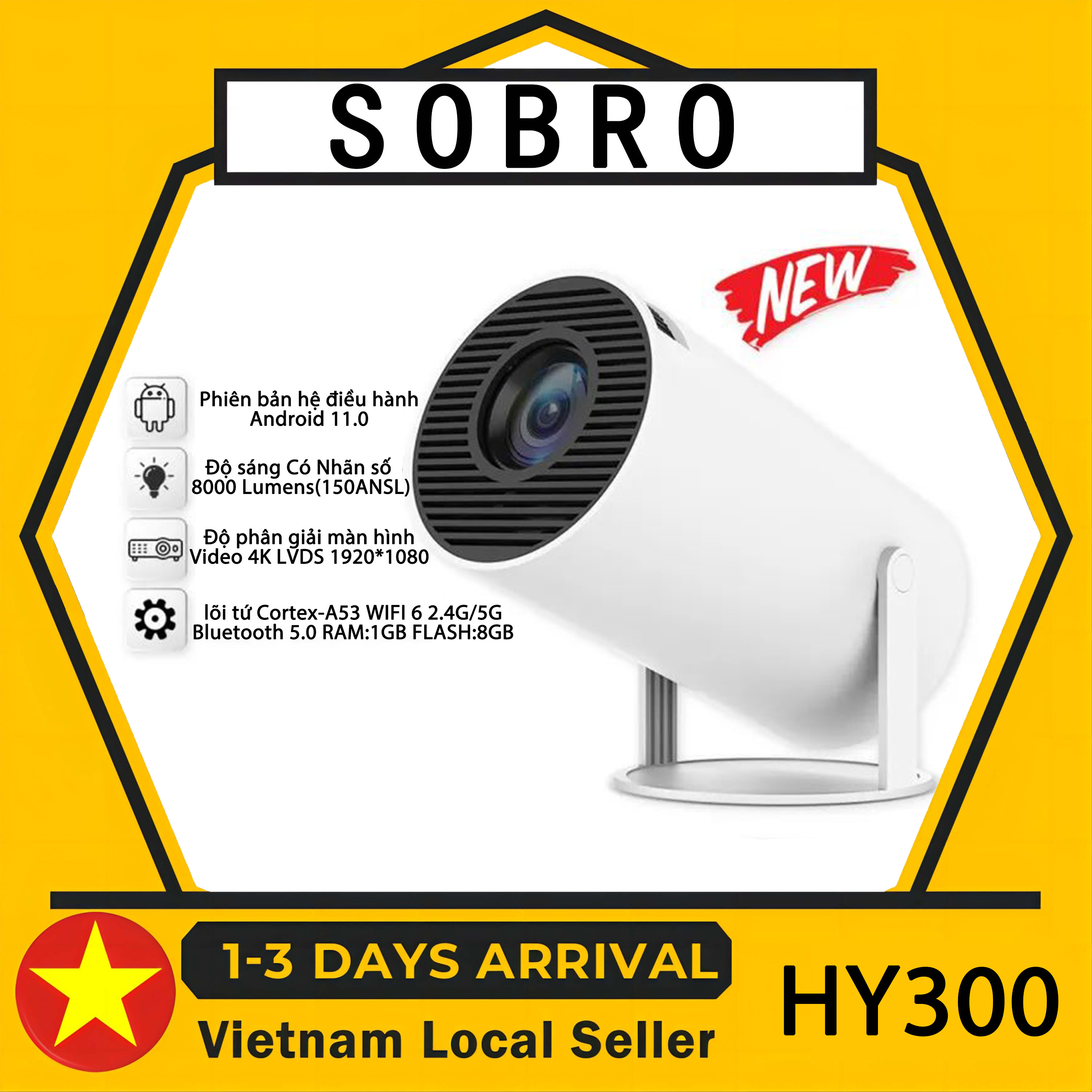 Máy chiếu mini SOBRO HY300 có độ phân giải full HD và âm thanh trung thực Android 11.0 hỗ trợ 4K WiFi kép 2.4G+5G phù hợp cho giải trí văn phòng và xem phim tại nhà Đi kèm bảo hành một năm Máy chiếu thông minh HY300