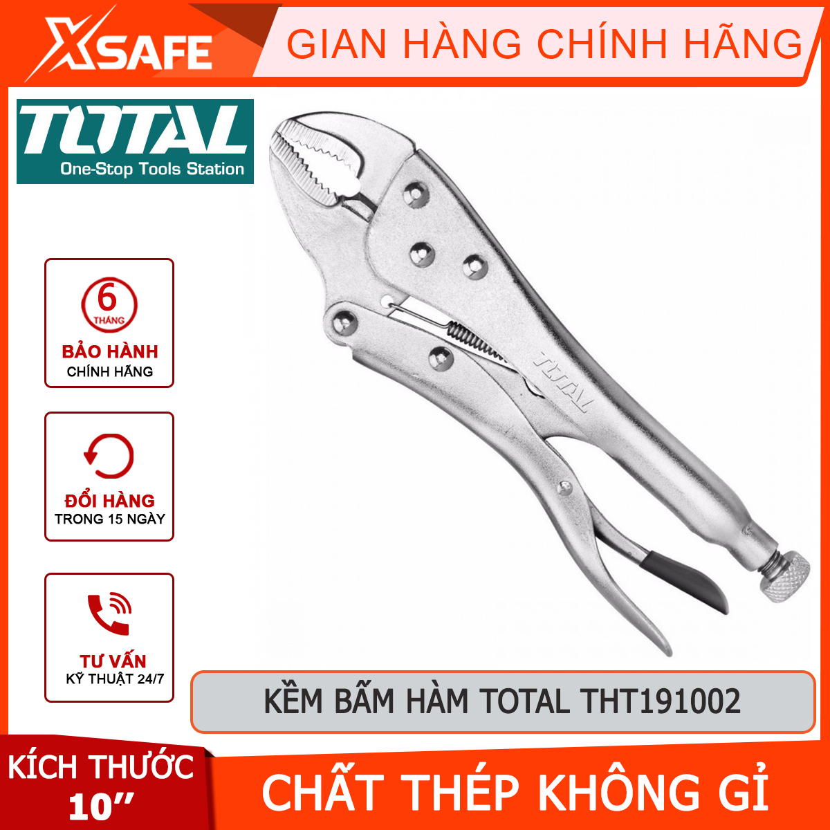 Kềm bấm hàm TOTAL THT191002 Kìm bấm hàm Kích thước 10'' thép không gỉ, mạ niken bóng kẹp chặt, khóa, hỗ trợ siết lực,mở ốc vít