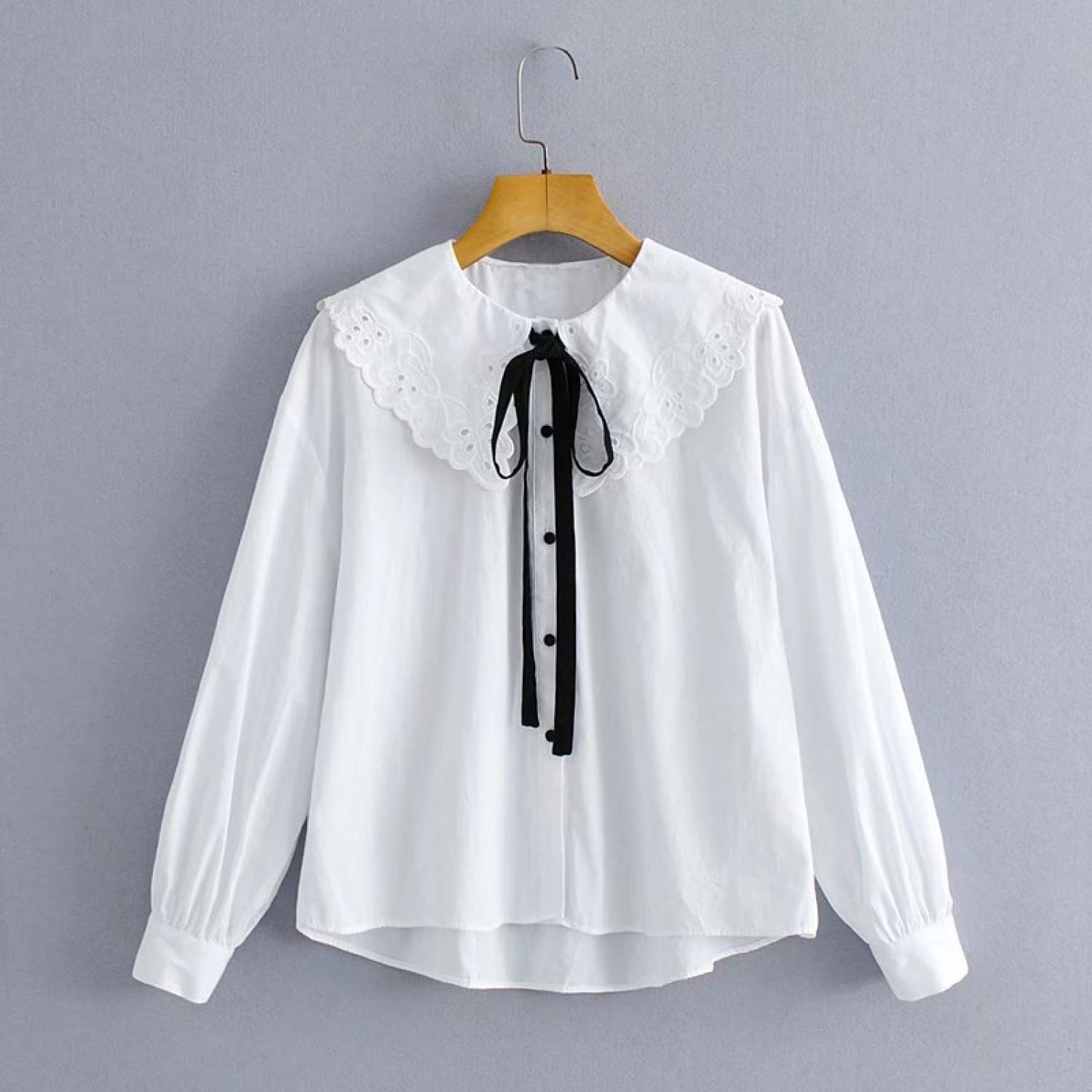 Áo sơ mi nữ trắng dài tay đính nơ cổ đứng babydoll bo chun, Áo sơ mi nữ trắng dài tay bồng cổ buộc nơ siêu xinh