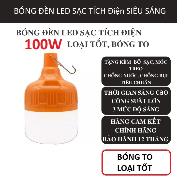 Bóng đèn led tích điện 6-8h - loại 100w sạc tích điện có móc treo (màu cam )