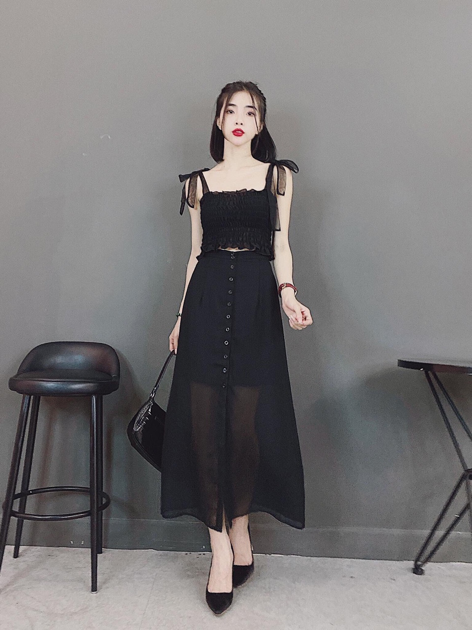 Sét đầm voan áo hai dây voan nhún kết hợp đầm xòe phối nút phong cách TTSA0199