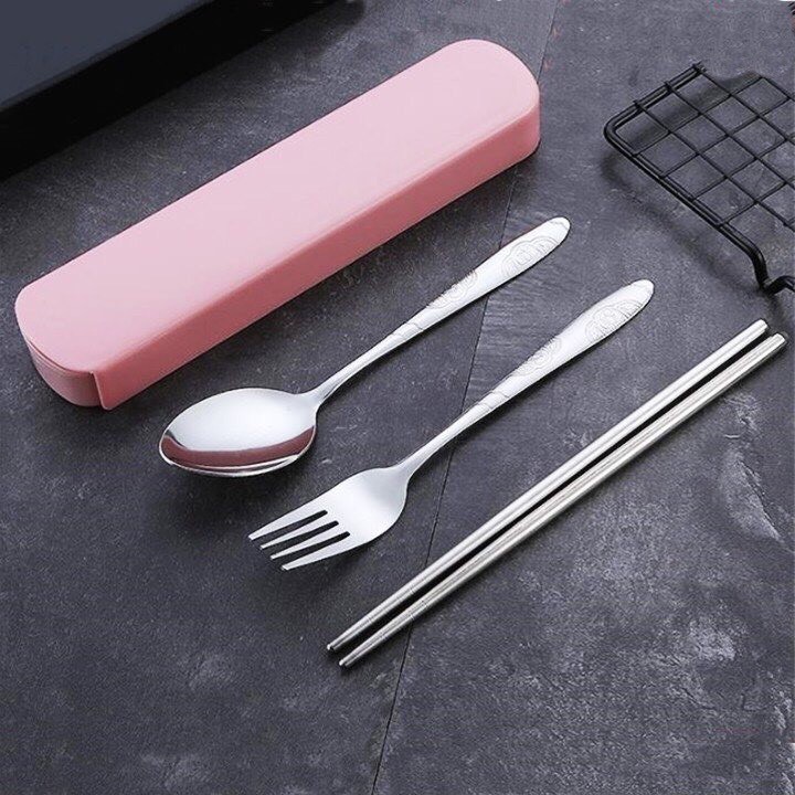 Bộ 3 Muỗng Đũa Nĩa inox cá nhân có hộp đựng dành cho văn phòng hoặc đi du lịch tiện dụng