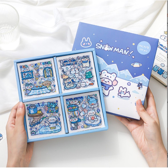 Hộp 100 miếng sticker SNOW MAN loại lớn BB DIY trang trí quà tặng nhiều họa tiết dễ thương xinh xắn